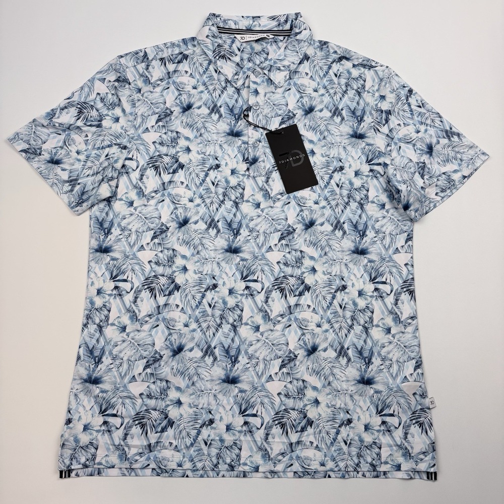 7 Diamonds Men's Tropical Floral Polo Shirt Blue White Short Sleeve Size M NWT